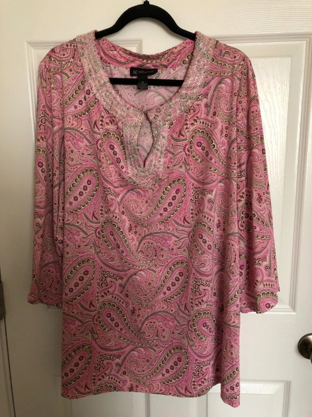 INC International Women's Pink Paisley Soft Tunic Sequin Neckline Top Size 3X